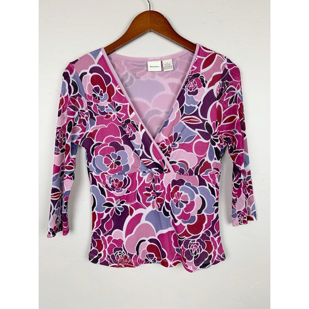 Vintage Y2K Merona Faux Wrap Top Pink Purple Floral Mesh Blouse Women's L